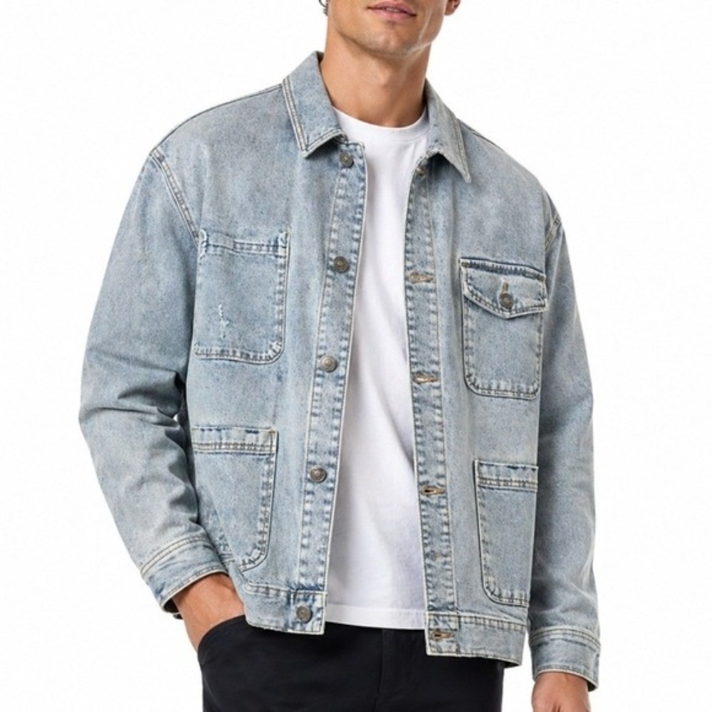 Mens LNDN Landon Denim Jacket Light Wash Utility Chore Coat Medium     053 Bin